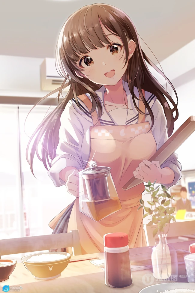 亲自下厨做饭的二次元制服围裙装动漫少女高清插画图片