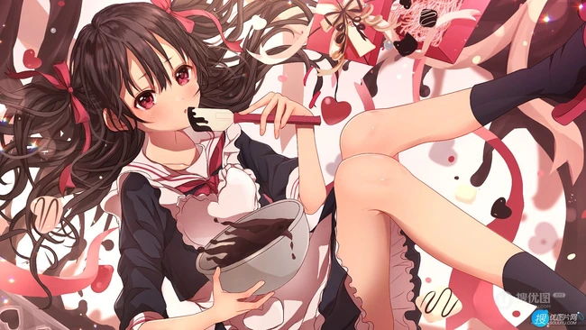 亲自下厨做饭的二次元制服围裙装动漫少女高清插画图片