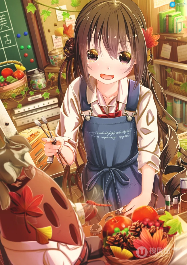 亲自下厨做饭的二次元制服围裙装动漫少女高清插画图片