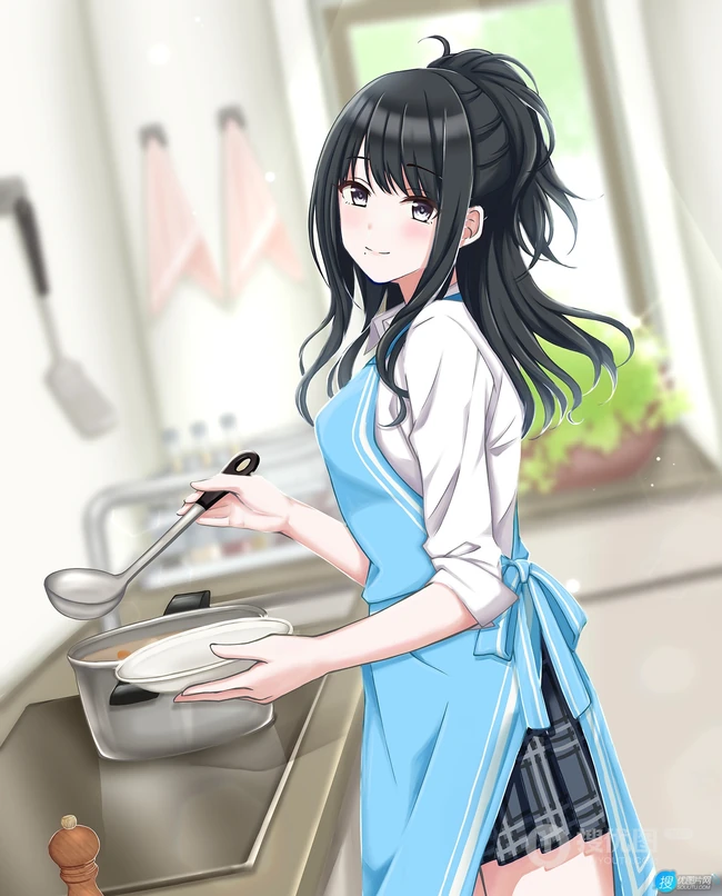 亲自下厨做饭的二次元制服围裙装动漫少女高清插画图片