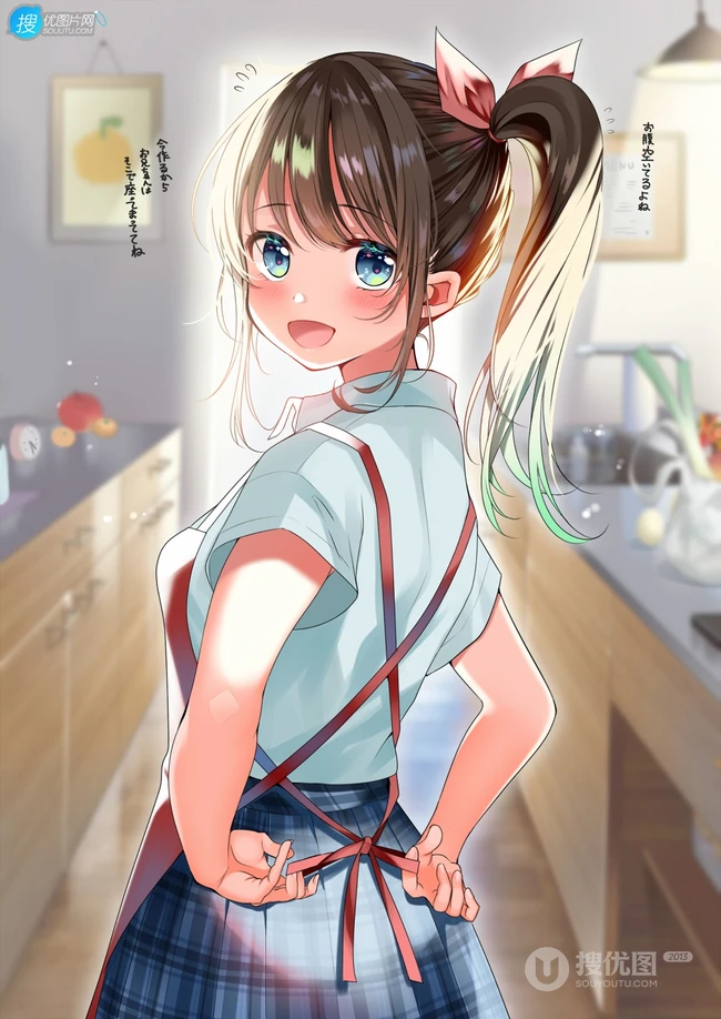 亲自下厨做饭的二次元制服围裙装动漫少女高清插画图片