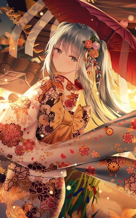 二次元和服动漫美女手打油纸伞的唯美插画手机壁纸