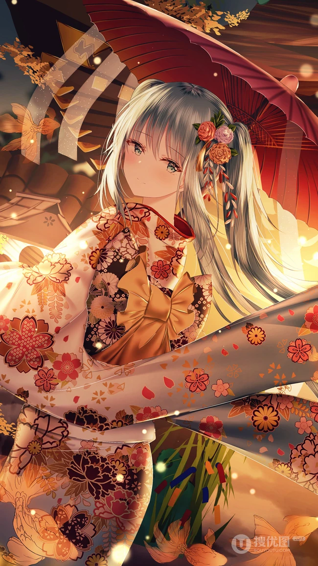 二次元和服动漫美女手打油纸伞的唯美插画手机壁纸