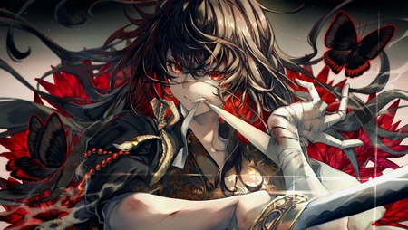 决战到底，手持武士刀口咬绷带的动漫武士高清壁纸