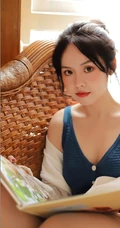 气质清纯低领装短裤少女居家看杂志，吃水果悠闲曝光写真图片