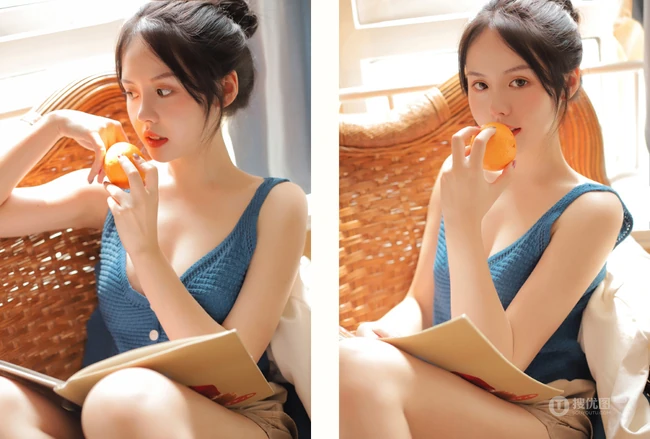 气质清纯低领装短裤少女居家看杂志，吃水果悠闲曝光写真图片