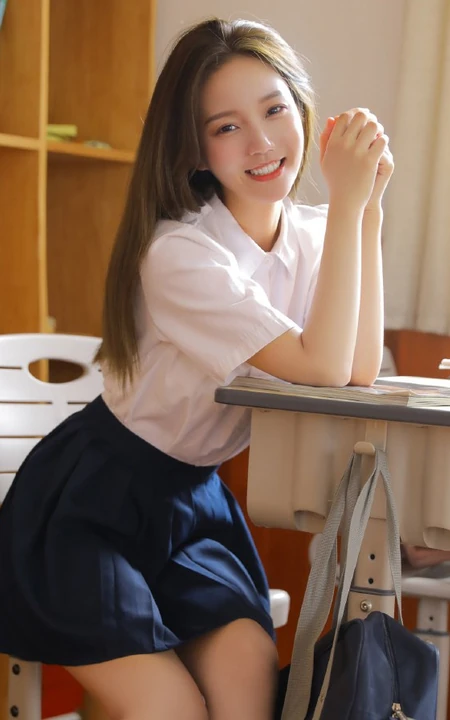 笑容超甜，高颜值女生小姐姐清新学生制服装教室写真美图
