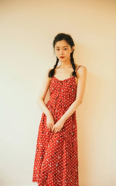 宋轶双麻花辫发型少女感满满肩带红裙复古写真图片