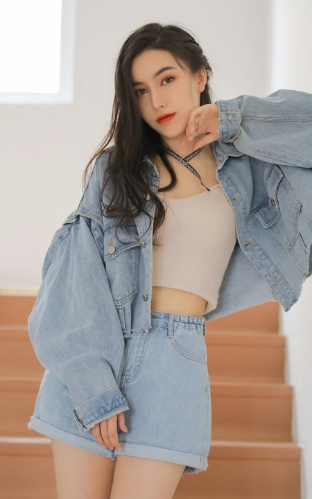 酷酷的女孩，牛仔衣，背心，牛仔短裤长发细腰女生酷美室内写真图片