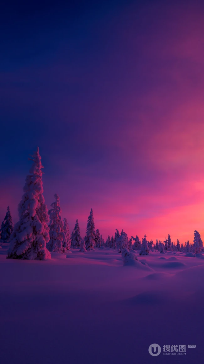 赤红的夕阳照射在雪地树木的超唯美风景手机壁纸免费下载