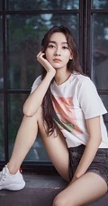 李若宁休闲白T牛仔短裤杂志写真照