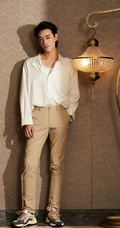 山东帅哥郑云龙白衫卡其色长裤温文尔雅室内写真图片