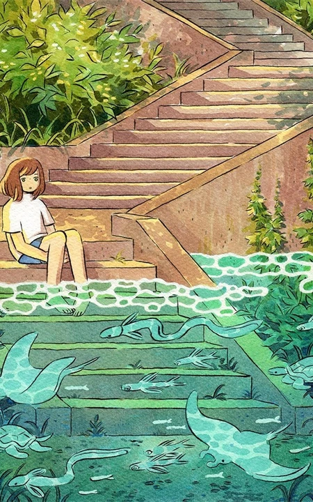 乡间小女孩水彩画，清新好看的乡间美景和小女孩水彩画图片