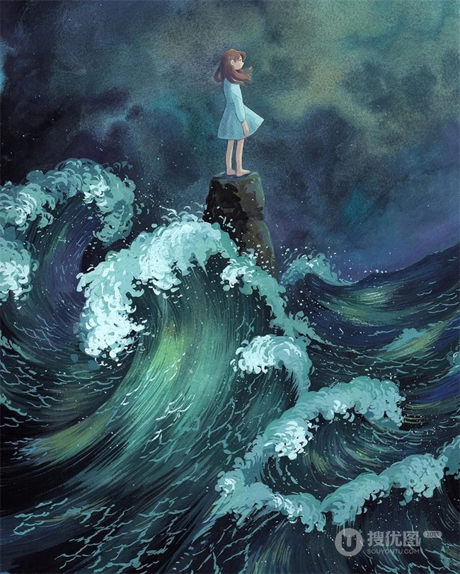乡间小女孩水彩画，清新好看的乡间美景和小女孩水彩画图片