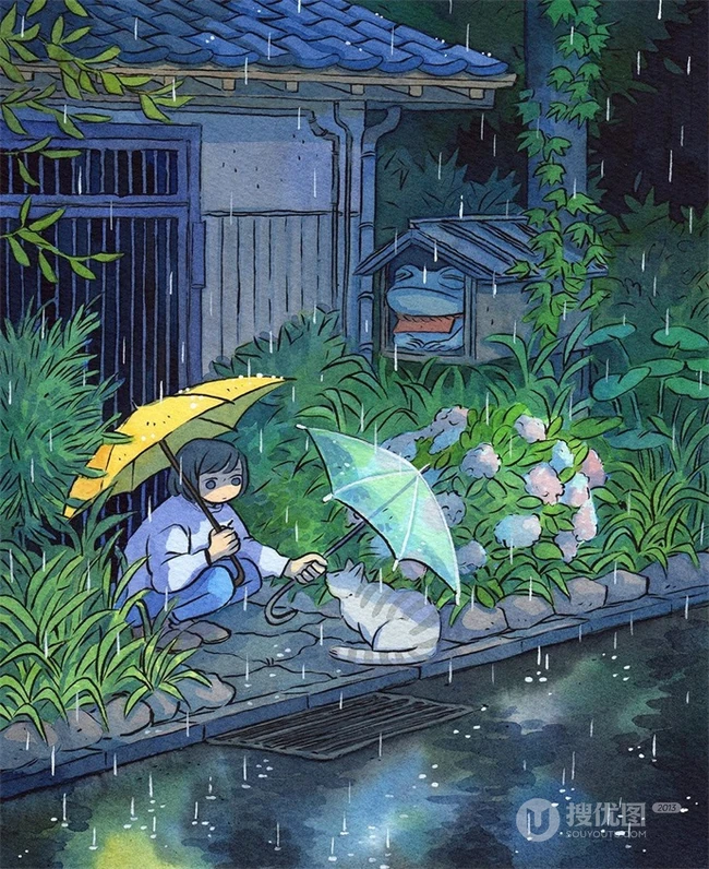 乡间小女孩水彩画，清新好看的乡间美景和小女孩水彩画图片