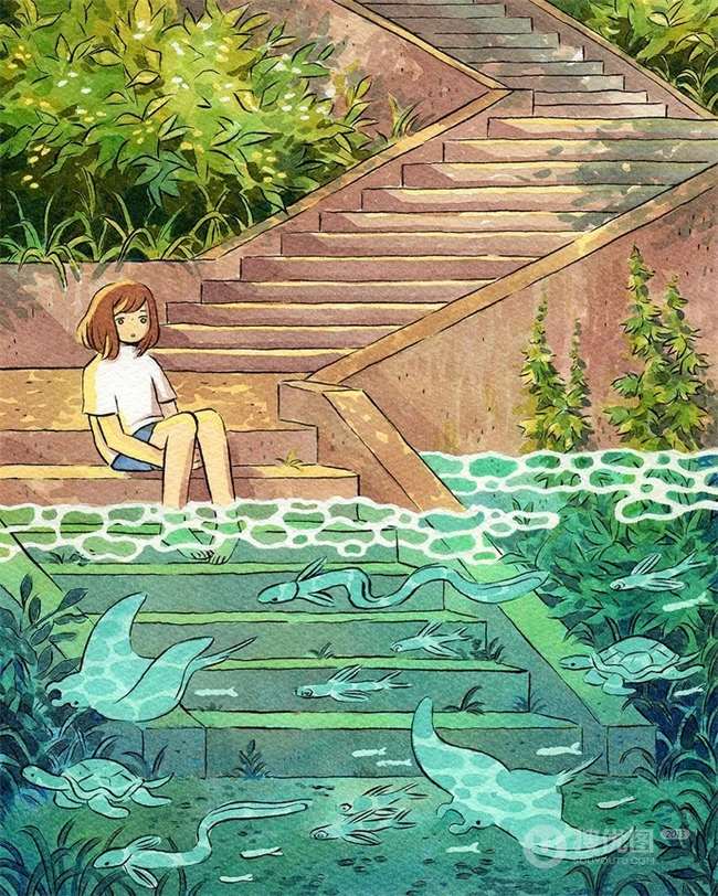 乡间小女孩水彩画，清新好看的乡间美景和小女孩水彩画图片