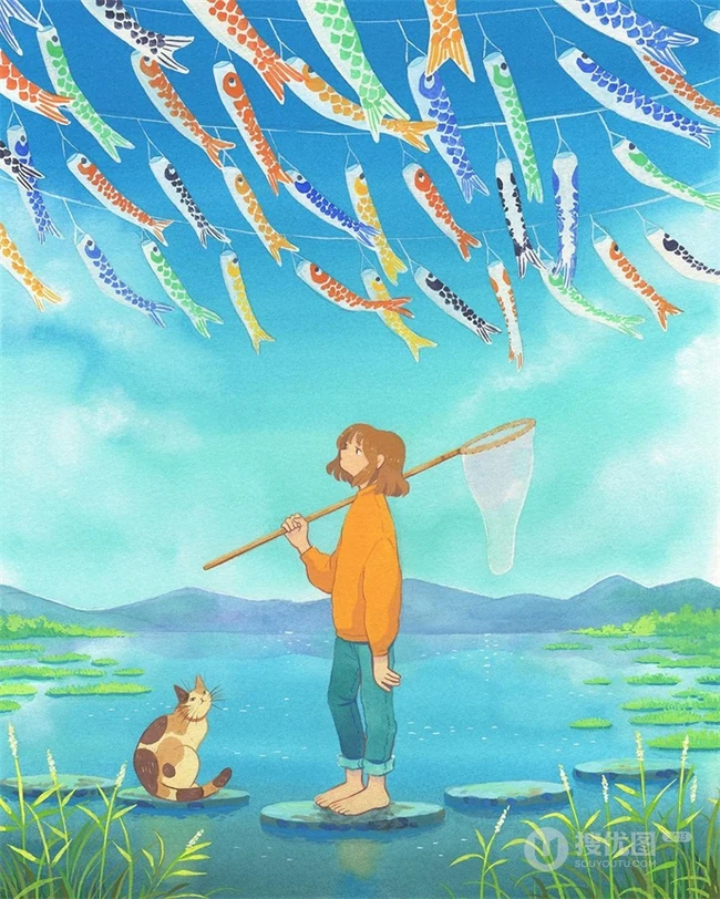乡间小女孩水彩画，清新好看的乡间美景和小女孩水彩画图片