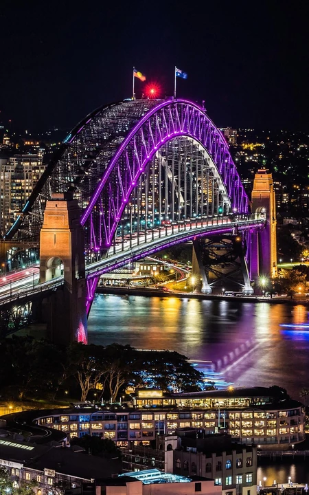 城市夜灯，悉尼歌剧院等城市建筑炫丽霓虹灯夜景航拍手机壁纸