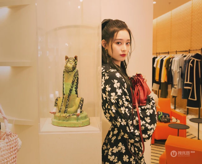 徐艺洋黑底印花三叶草连衣裙现身鞋服，包包店闲逛写真图片