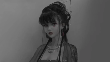 黑白中国古代美女铅笔画桌面壁纸，超逼真！
