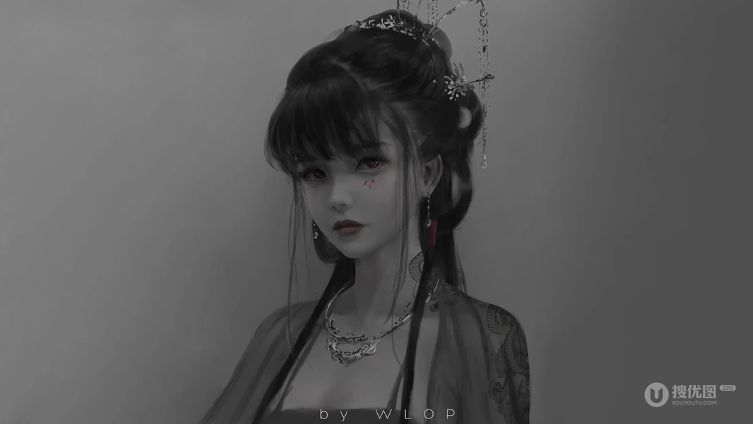 黑白中国古代美女铅笔画桌面壁纸，超逼真！