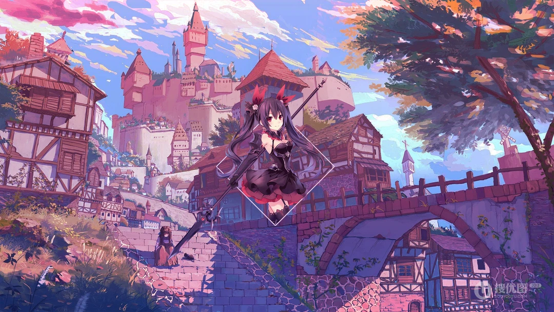 经典动漫场景为背景的相框动漫女角色插画壁纸