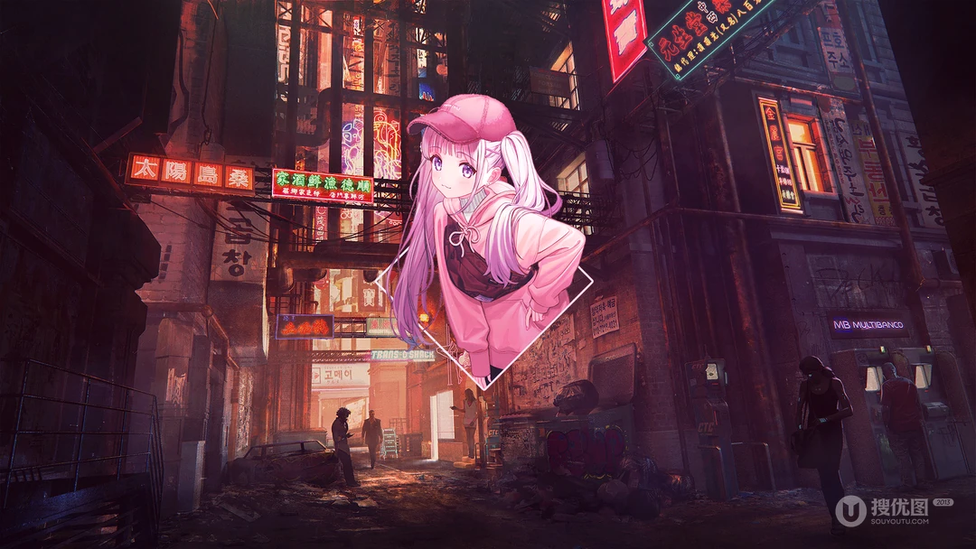 经典动漫场景为背景的相框动漫女角色插画壁纸