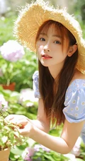 戴草帽的清新少女蓝衣小碎花连衣裙花园唯美写真照片