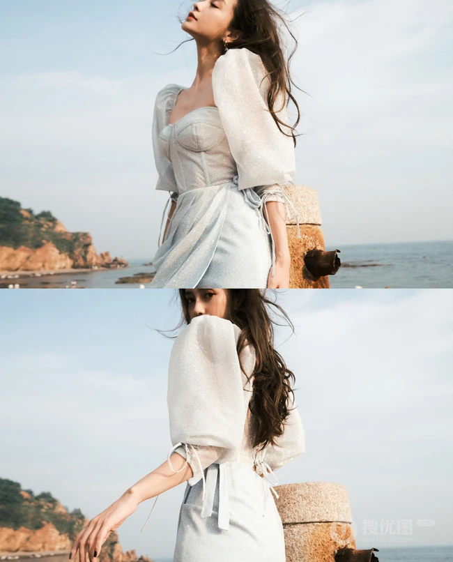 骨感美，angelababy礼裙衣短裙户外海边高清气质写真照