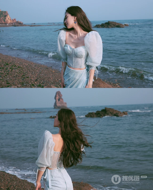 骨感美，angelababy礼裙衣短裙户外海边高清气质写真照