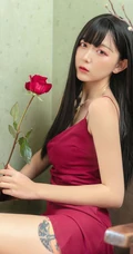 手拿玫瑰，大腿有纹身的肩带红裙气质长发女生气质艺术摄影图片