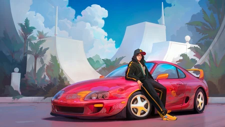 创意的戴鸭舌帽的动漫少女站在红色跑车前的插画壁纸