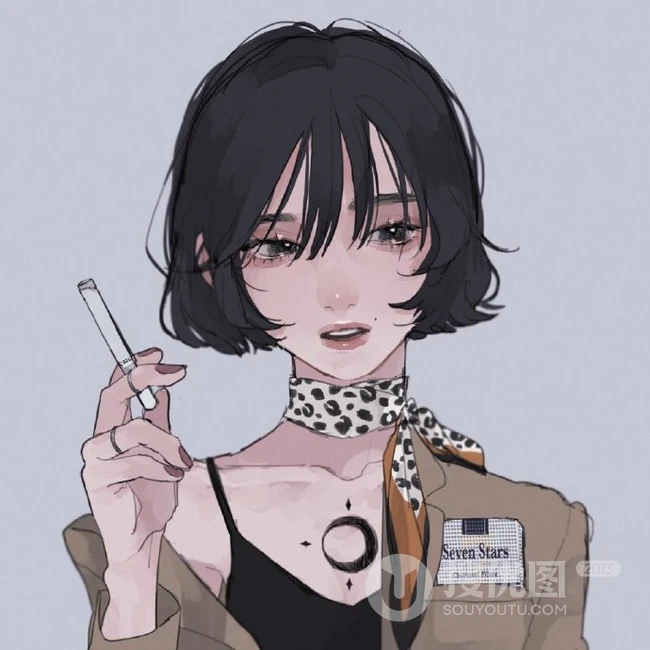 手拿着烟的高冷，颓废，丧系，叛逆期少女女生手绘插画美图