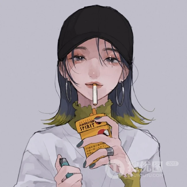 手拿着烟的高冷，颓废，丧系，叛逆期少女女生手绘插画美图
