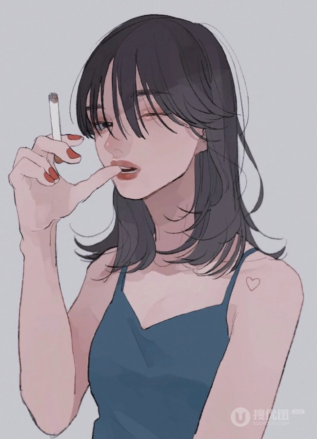 手拿着烟的高冷，颓废，丧系，叛逆期少女女生手绘插画美图