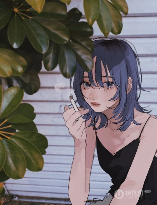 手拿着烟的高冷，颓废，丧系，叛逆期少女女生手绘插画美图