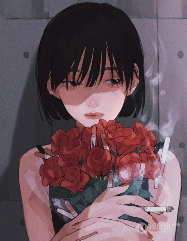 手拿着烟的高冷，颓废，丧系，叛逆期少女女生手绘插画美图