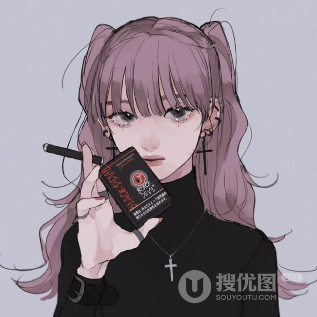 手拿着烟的高冷，颓废，丧系，叛逆期少女女生手绘插画美图