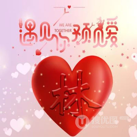爱心文字姓氏头像，以遇见你，预见爱为主题的红色爱心姓氏头像图片
