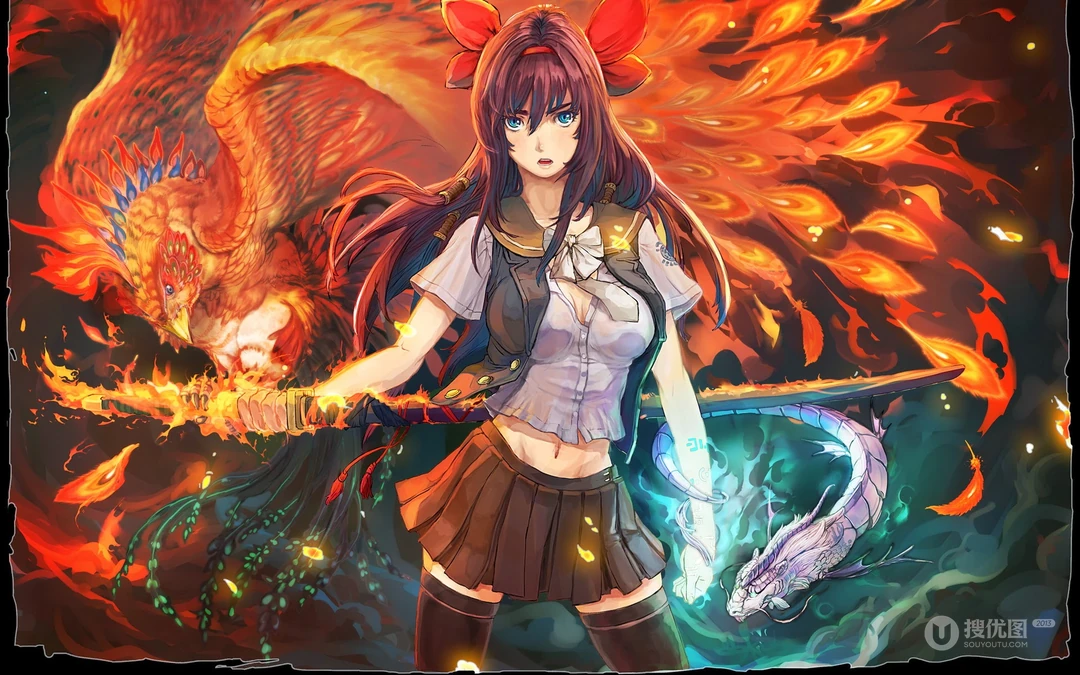 召唤火凤凰的帅气动漫美女桌面壁纸