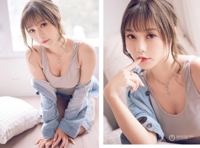 气质匀称微胖女生紧身肩带衣短裤一展完美上围，蛮腰，线条感高清写真集