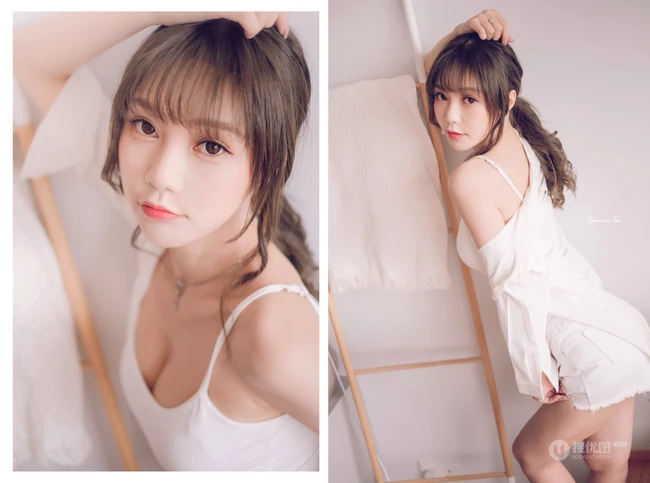 气质匀称微胖女生紧身肩带衣短裤一展完美上围，蛮腰，线条感高清写真集