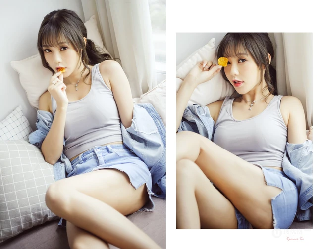气质匀称微胖女生紧身肩带衣短裤一展完美上围，蛮腰，线条感高清写真集