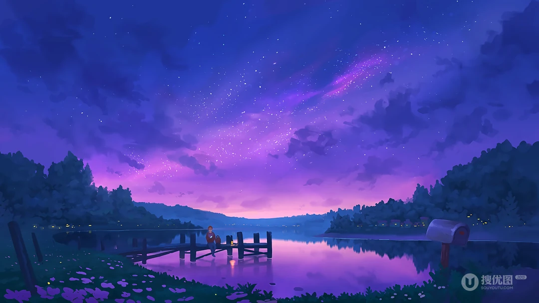 很唯美的紫色调动漫场景插画高清桌面壁纸