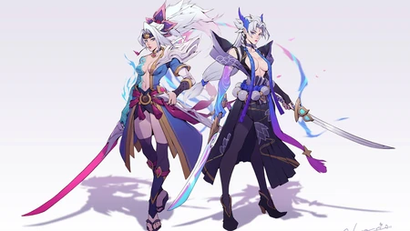 手拿双刀的动漫手绘女战士壁纸图片