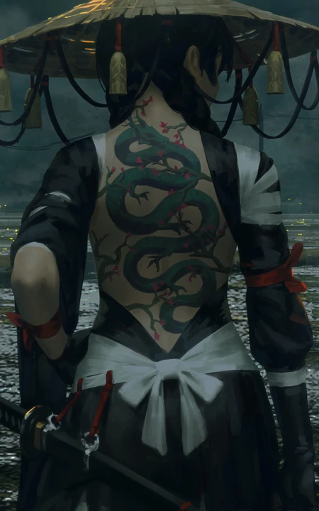 GUWEIZ大师作品集戴斗笠有龙纹身的女孩手机壁纸