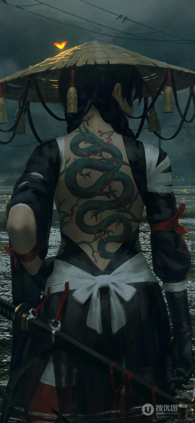 GUWEIZ大师作品集戴斗笠有龙纹身的女孩手机壁纸