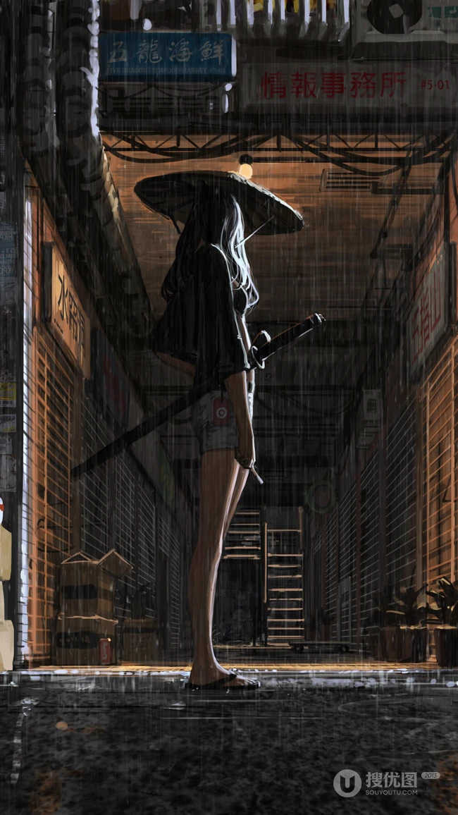 GUWEIZ大师作品集戴斗笠有龙纹身的女孩手机壁纸