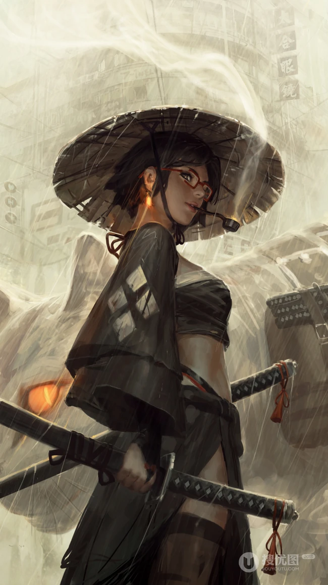GUWEIZ大师作品集戴斗笠有龙纹身的女孩手机壁纸
