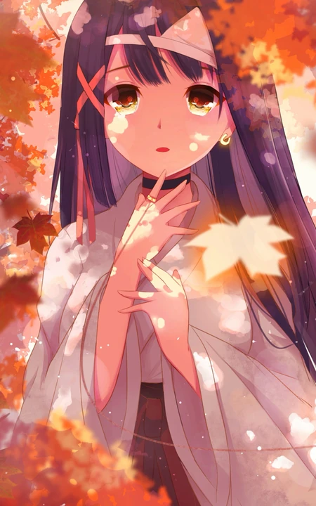 橙色枫叶前的站着的和服动漫少女人像插画手机壁纸